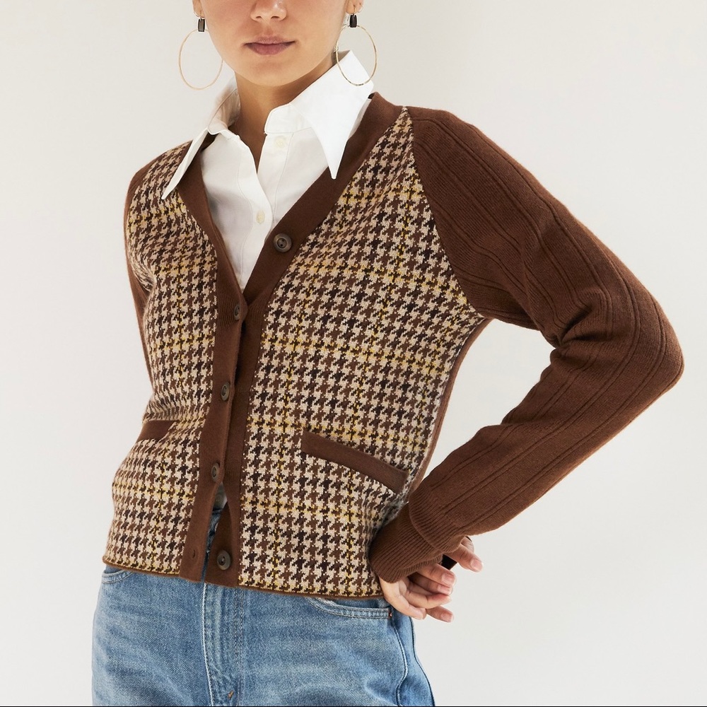 NEW RE/DONE 60s Slim Houndstooth Cardigan (Sz XS) Wool Blend Brown Multi